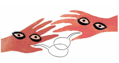 getekende handen met ogen erop