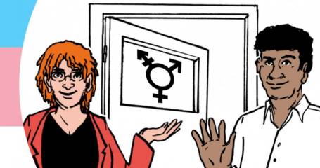 man en vrouw staan voor een wc voor transgenders