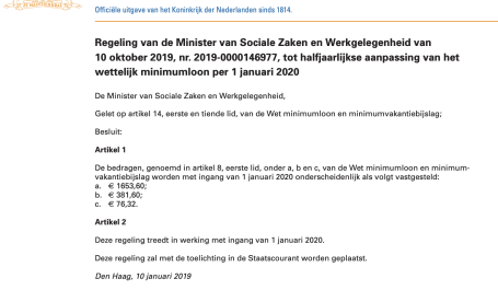 Regeling van de Minister van Sociale Zaken en Werkgelegenheid van 10 oktober 2019, nr. 2019-0000146977, tot halfjaarlijkse aanpassing van het wettelijk minimumloon per 1 januari 2020
