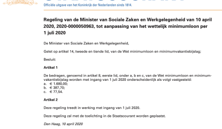 Regeling van de Minister van Sociale Zaken en Werkgelegenheid van 10 april 2020, 2020-0000050963, tot aanpassing van het wettelijk minimumloon per 1 juli 2020