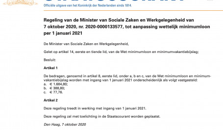 Regeling van de Minister van Sociale Zaken en Werkgelegenheid van 7 oktober 2020, nr. 2020-0000133577, tot aanpassing wettelijk minimumloon per 1 januari 2021