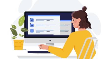 Vrouw registreert informatie op een computer