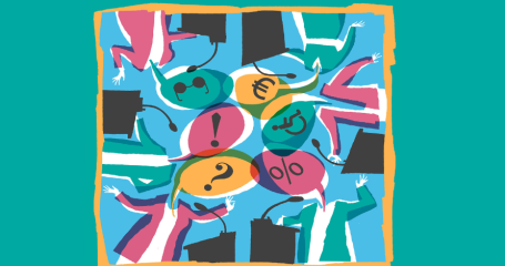 Abstracte illustratie van figuren achter een katheder. Op de plaats van het hoofd hebben de figuren een spraakwolkje met bijvoorbeeld een euroteken, een vraagteken en een rolstoel
