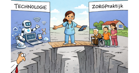 Illustratie met professional in het midden van technologie en mensen die ondersteuning vanuit de langdurige zorg ontvangen. Deze professional is de zogenoemde 'bruggenbouwers': professionals die zorg, technologie en ethiek verbinden 