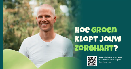 tekst hoe klopt jouw zorghart met qr code en foto van lachende man