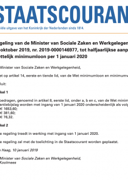 Regeling van de Minister van Sociale Zaken en Werkgelegenheid van 10 oktober 2019, nr. 2019-0000146977, tot halfjaarlijkse aanpassing van het wettelijk minimumloon per 1 januari 2020