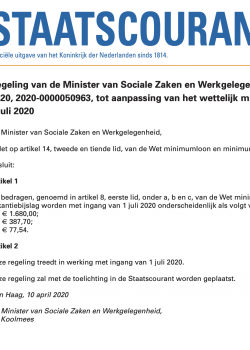 Regeling van de Minister van Sociale Zaken en Werkgelegenheid van 10 april 2020, 2020-0000050963, tot aanpassing van het wettelijk minimumloon per 1 juli 2020