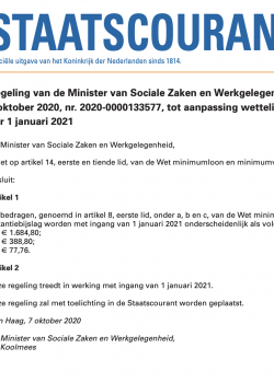 Regeling van de Minister van Sociale Zaken en Werkgelegenheid van 7 oktober 2020, nr. 2020-0000133577, tot aanpassing wettelijk minimumloon per 1 januari 2021