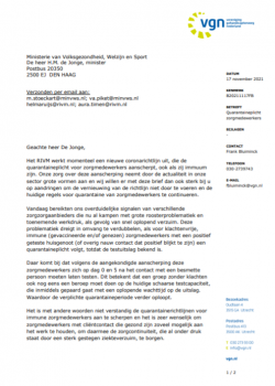 Voorblad Brief aan minister over aanscherping quarantaineplicht zorgmedewerkers