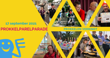 banner voor prokkelparade 17 september 2021 je ziet de tekst prokkelen verbindt en verschillende foto's van prokkel bijeenkomsten.