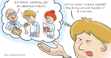 Een illustratie waarin een man zegt 'oei hoe werkt rookvrij eigenlijk en mag ik dan nog wel bepalen of ik rook?'. De man heeft een gedachtewolke waarin een arts hem een nicotinepleister opplakt en zegt: 'zo vanaf vandaag zijn we allemaal rookvrij'. Daarnaast staat een vrouw die een stoppen met roken bord ophoudt.