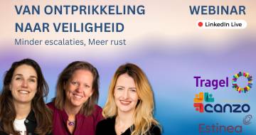 De titel van het webinar (Van Ontprikkeling naar Veiligheid: Minder Escalaties, Meer Rust) is zichtbaar met daarbij de drie sprekers van het webinar.