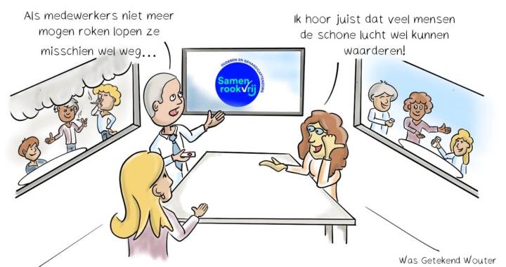 Cartoon van drie mensen die gesprek hebben over weglopen van medewerkers die roken waar een ander zegt dat medewerkers schone lucht juist kunnen waarderen.