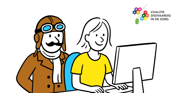 Cartoon van een vrouw die achter de computer zit waarbij een piloot meekijkt (beeldspraak 'iemand laten vliegen')