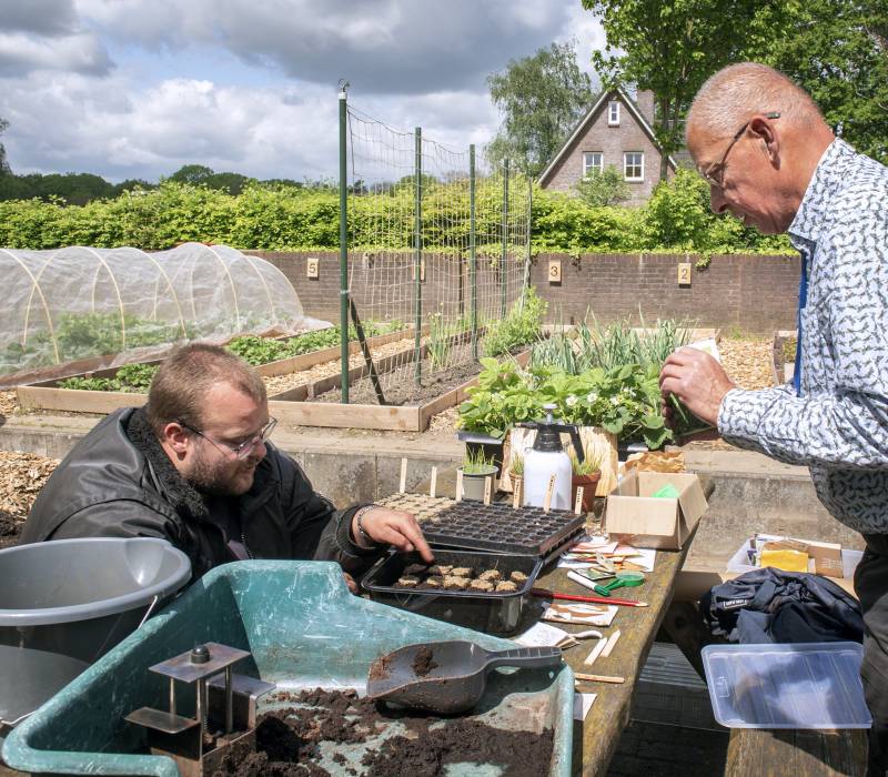 Twee mannen zijn in de tuin aan het werk en de een zit gehurkt plantjes om te potten terwijl een ander staand meehelpt