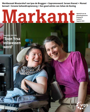 Voorblad Markant met twee lachende mensen een in rolstoel en een niet. Tekst toen Ysra volwassen werd.