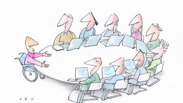 Een illustratie waarop zorgprofessionals aandacht besteden aan een cliënt in het kader van waardegedreven zorg.