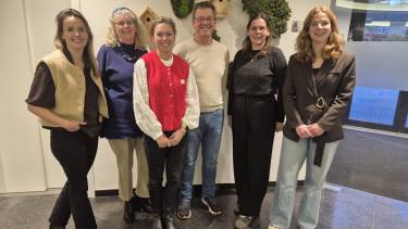 Foto van zes mensen voor een muur